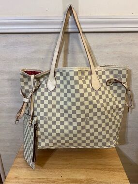 Designer Inspired Neverfull Checkered Tote, Matching Pouch